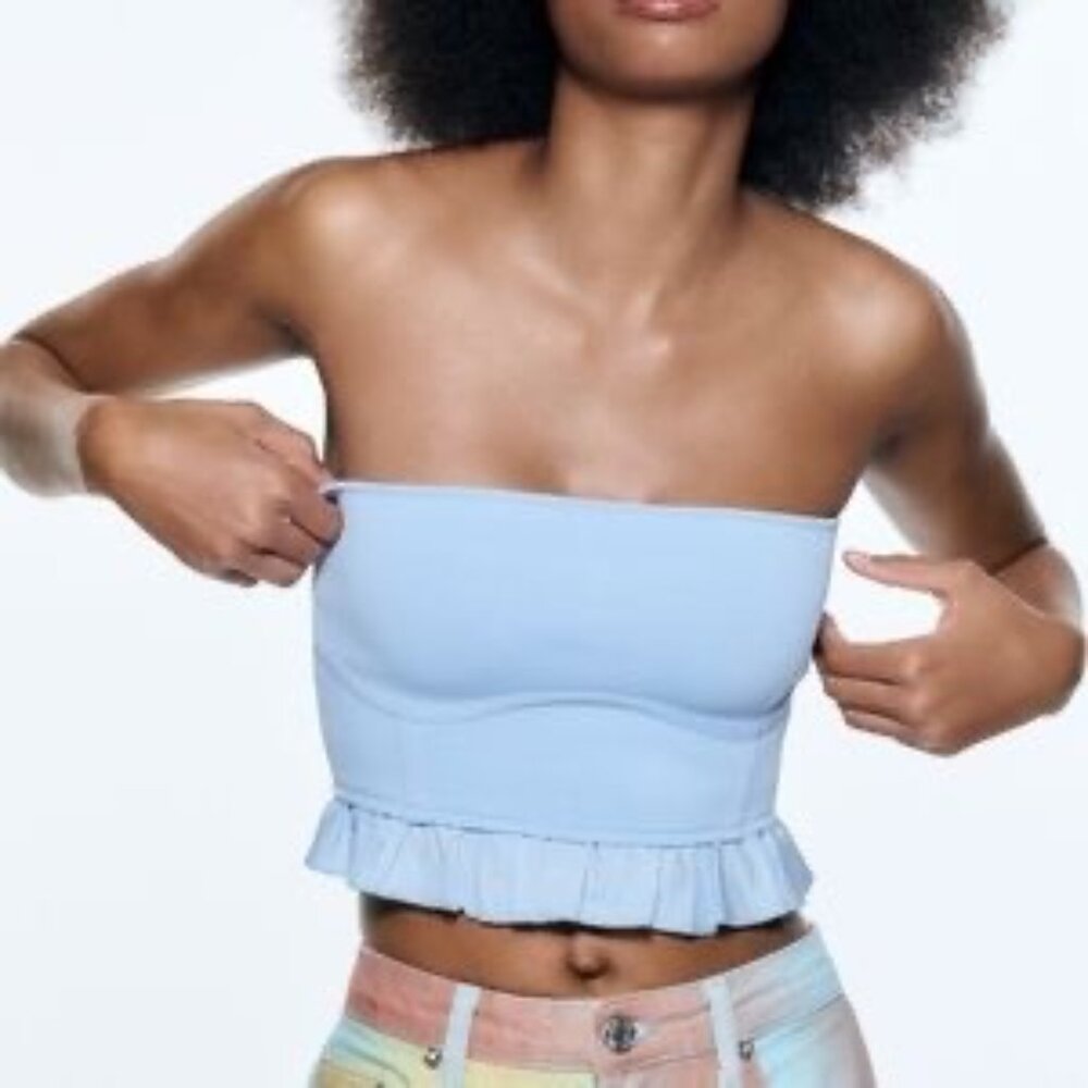 Zara Light Blue Ruffle Corset Bandeau Crop Top | Coastal Cowgirl Balletcore Boho - Picture 4 of 16